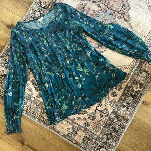 SUNDANCE Smocked Blue and Green floral botanical print long sleeve top M